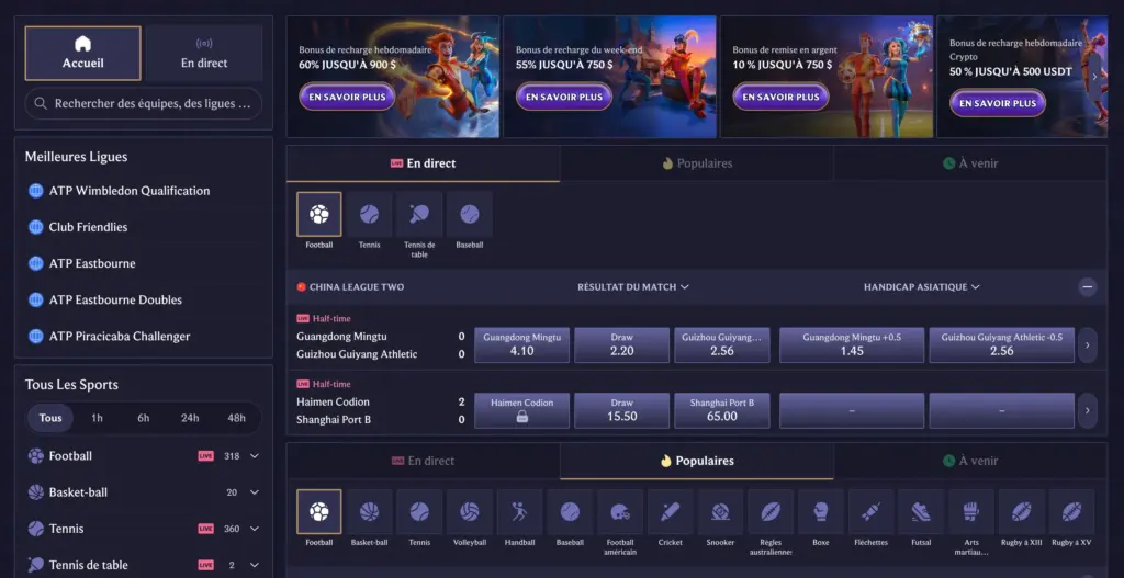 Interface de paris sportifs en direct